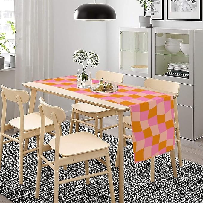 Checkered Table Runner Orange Retro 60s70s Boho Style Kitchen Restaurant Decoration Suitable for Indoor and Outdoor Festival Home Wedding Party Table Runner 13x120 Inch