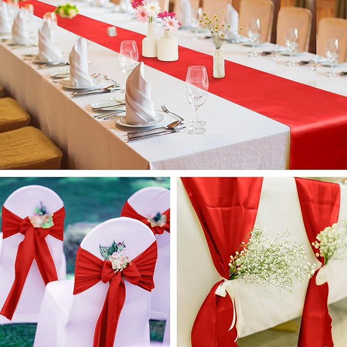 Aneco 12 Pack Satin Table Runner 12 x 108 Inch Red Long Wedding Satin Silk Table Runner for Wedding Banquet Graduations Birthday Party Decoration