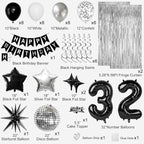32nd Birthday Decorations for Men Women, Black Silver Happy Birthday Party Decorations， 32 Year Old Party Supplies with Number 32 Balloons, Banner, Fringe Curtains Kit