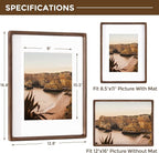 12x16 Frame USA-Sourced Natural Walnut Wood Solid Wood Photo Frame Handcrafted Rounded Corner with Mat to 8.5x11 Picture Frame Display with Real Glass Family Picture, Wedding Photo, Certificate