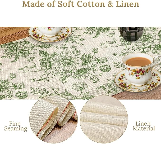 Vintage Flower Table Runner, Wildfloral Green Floral Sketch Pattern Print Table Runner for Kitchen Dinning Table Runner Decor Home Wedding Party Holiday, 13x108 Inch