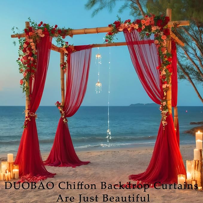 DUOBAO Red Chiffon Backdrop Curtain-2 Panels 29x120-Inch Wedding Chiffon Backdrop Drapes Beach Curtains for Living Room Voile Window Curtain Photography Backdrop for Wedding Ceremony