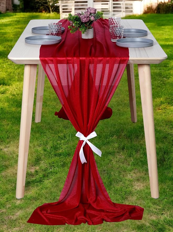 MDS 2 Pack 10ft Chiffon Table Runner 29 x 120 Inches Sheer Wedding Runner Romantic Rustic Table Runner for Wedding Decorations, Birthday Parties, Bridal Shower Party Arch Decor - Apple red