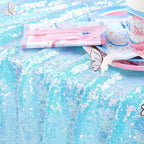 QueenDream Sequin Iridescent Tablecloth 60x102 Inches Blue Sequin Table Overlay Mermaid Parties Cocktail Decor