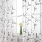 VISIONTEX Sheer Curtains 72 Inch Length 2 Panels, Decor Iron Grey Vine Leaves Embroidery on White Voile Pair, Accent Semi Window Drapes for Kitchen, Living Room and Bedroom, 54" W x 72" L