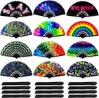 Qunclay 12 Pieces UV Glow Large Rave Folding Hand Fan Festival Fan for Men Women Chinese Japanese Clack Handheld Fan with Rainbow Butterfly for Drag Queen Dance Performance Music Party Gifts, 24 Inch