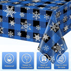 3Pcs Christmas Buffalo Plaid Snowflake Party Tablecloths Decorations,Plastic Black and Navy Blue Checkered Rectangle Table Cover for Winter Christmas Birthday Holiday Party Decorations,54x108 inch
