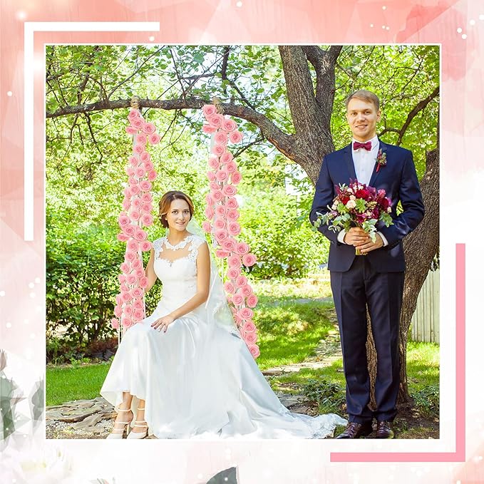 4 Pcs Pink Artificial Rose Vine Hanging Faux Flowers Garland for Wedding Anniversary Birthday Party Background Arch Garden Home Wall Room Decor