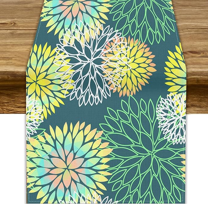 Green Dahlia Flower Table Runner, Linen Geometric Pattern Floral Table Decor Spring Farmhouse Decorations for Kitchen Dining Holiday Party Decor, 13x36 Inch
