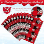 12 Pieces Red and Black Buffalo Plaid Merry Christmas Party Tablecloth Decorations,Plastic White Snowflake Buffalo Plaid Sign Table Cover for Winter Christmas Holiday Party Supplies,54x108 inch