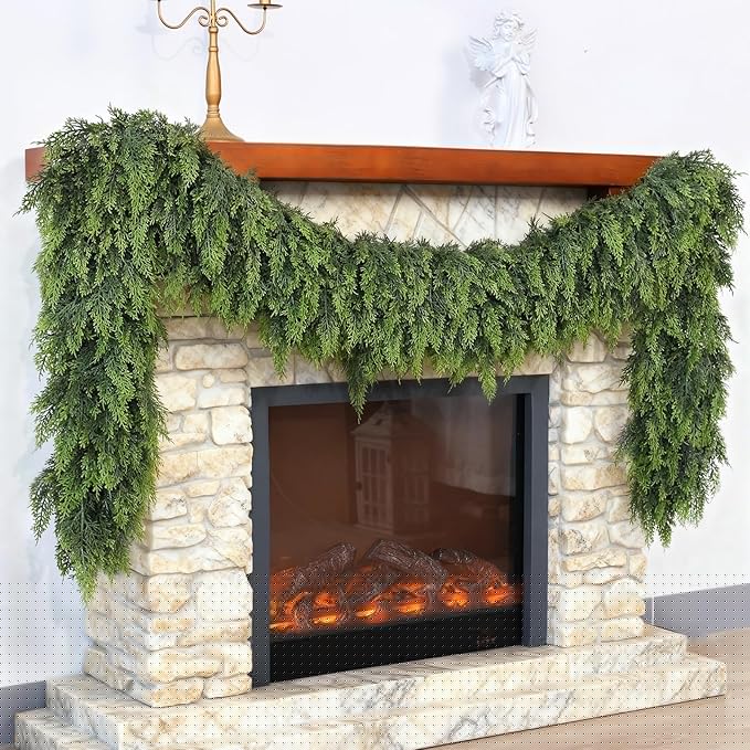 Christmas Cedar Garland - 16ft Artificial Cedar Garland Faux Lush Green Fake Pine Needles for Fireplace,Table,Window,Stairs,Mante,Holiday Indoor Outdoor Xmas Decor(1PCS)
