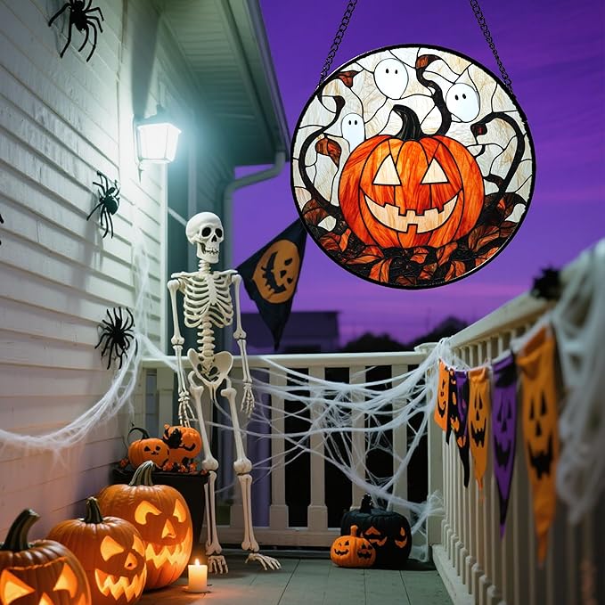 Stained Glass Window Hanging - Halloween Decorations Pumpkin Ghost Suncatcher for Doors Garden Indoor Spooky Funny Orange Sun Catchers Gothic Decor Horror Gifts for Women Men Friend 7.8 in