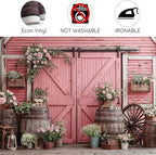 5x4ft Country Wedding Pink Photography Backdrop Rustic Wooden Barn Door Photography Backdrop Farmhouse Flower Western Girl Birthday Baby Shower Wedding Bridal Party Banner Photo Booth Props Background