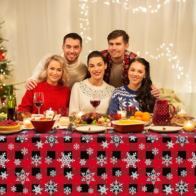 8 Pieces Red and Black Buffalo Plaid Merry Christmas Party Tablecloth Decorations,Plastic White Snowflake Buffalo Plaid Sign Table Cover for Winter Christmas Holiday Party Supplies,54x108 inch