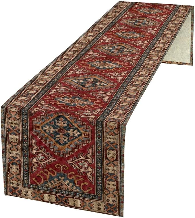 Boho Floral Vintage Table Runner, Red Grey Retro Flower Rustic Country Farmhouse Abstract Pattern for Home Kitchen Table Decor Dining Coffee Room Party Decor 13x60in