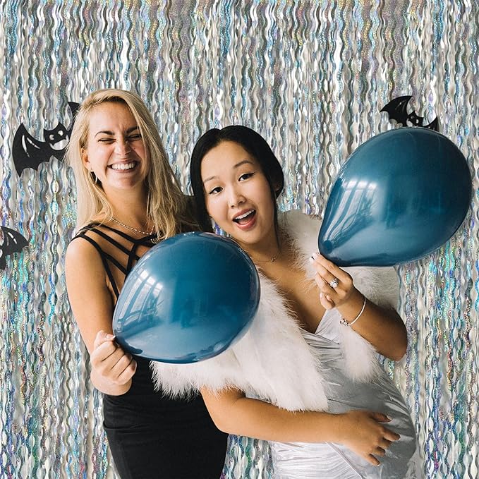 2 Pack Silver Backdrop Curtain Tinsel Streamers Sparkle Metallic Wavy Foil Fringe Photo Booth Props for Birthday Graduation Bachelorette New Year Christmas Wedding Disco Party Decorations