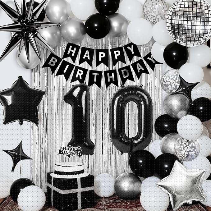 10th Birthday Decorations for Boys Girls, Black Silver Happy Birthday Party Decorations， 10 Year Old Party Supplies with Number 10 Balloons, Banner, Fringe Curtains Kit