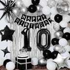 10th Birthday Decorations for Boys Girls, Black Silver Happy Birthday Party Decorations， 10 Year Old Party Supplies with Number 10 Balloons, Banner, Fringe Curtains Kit