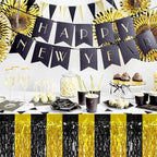 4P Wavy Metallic Tinsel Foil Fringe Table Skirts for Rectangle Tables Backdrop Garland Curtains for Parade Floats Wedding Birthday Parties Decoration Graduation 2025 Christmas (Black Gold)