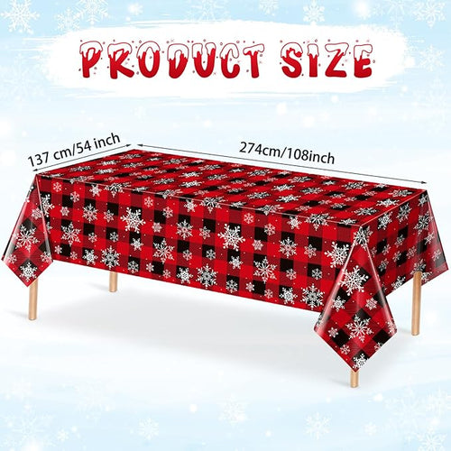 12 Pieces Red and Black Buffalo Plaid Merry Christmas Party Tablecloth Decorations,Plastic White Snowflake Buffalo Plaid Sign Table Cover for Winter Christmas Holiday Party Supplies,54x108 inch