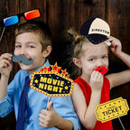 34pcs Hollywood Themed Movie Night Party Photo Booth Props, Hollywood Selfie Frame with Party Photo Props, Red Carpet Cutouts Cards Table Toppers Theme Decor Movie Night Party Supplies