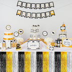 4 Pack 29x108 Inch Metallic Foil Fringe Tinsel Table Skirts for Rectangle Tables Streamer Backdrop for Wedding Birthday, Parade Floats, Christmas, Halloween Party Decoration(Gold Silver Black)