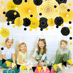 Black and Yellow Party Decorations, 23Pcs Hanging Paper Fans Birthday Decorations with Black Pom Poms Flowers for Boy Birthday, Bridal Shower, Baby Showers, Wedding