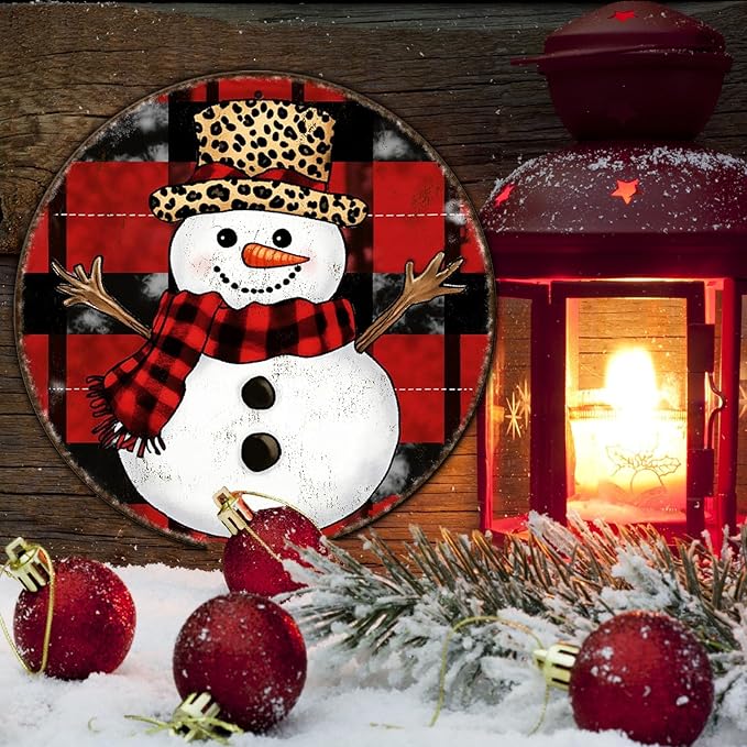 Round Christmas Snowman Tin Sign Vintage Snowman Sign Rustic Wall Decor For Christmas Home Fireplace And Holiday Gatherings Retro Sign 12 * 12 in