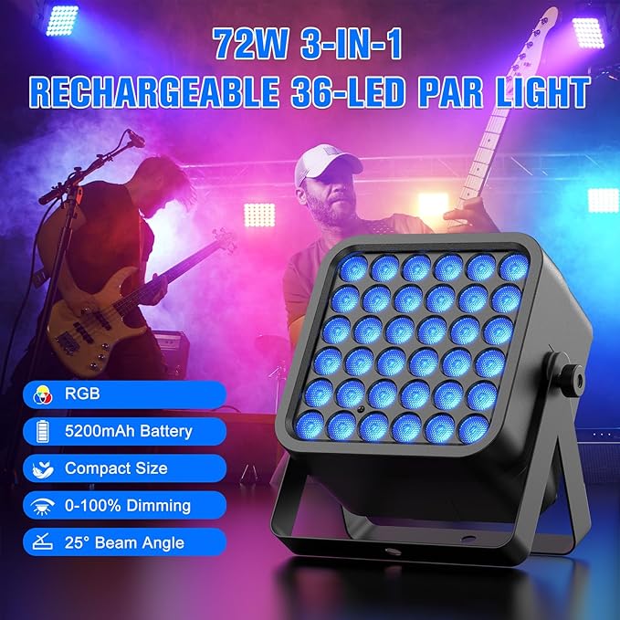 Rechargeable Par Can Lights, 72W RGB 5200mAh Uplights Battery Powered Stage Light, Wireless DJ Lights Sound Activated with Remote & DMX Control for Festivals, Weddings, Bars, Churches, DJ (8 Packs)