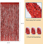 3 Pack Red Aluminium Foil Curtains, 3.3ft x 6.6ft, Wavy Shape, for Party Decorations & Photo Background