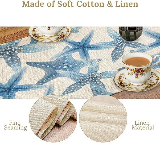 Starfish Plaid Table Flag Green Plaid and Marine Life Starfish Kitchen Table Flag Suitable for Birthday Party Restaurant Decoration Outdoor Picnic 13 * 108 Inch