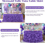 Partisky Mermaid Purple Tulle Curly Willow Table Skirt for Rectangle Table 14ft, Ruffle Tutu Table Cloth for Girls Boys Baby Shower,Mermaid Birthday Party
