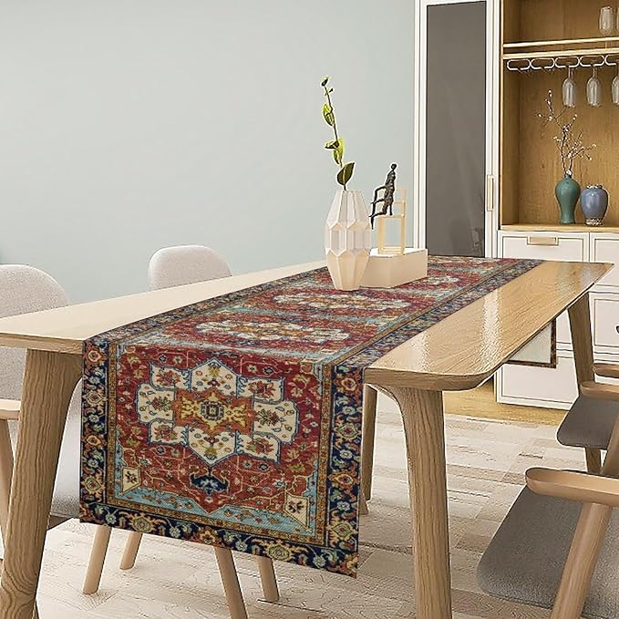 Vintage Boho Floral Table Runner, Rustic Country Farmhouse Red Blue Gold Retro Flower Pattern for Home Kitchen Table Decor Dining Coffee Room Party Decor 13x60in