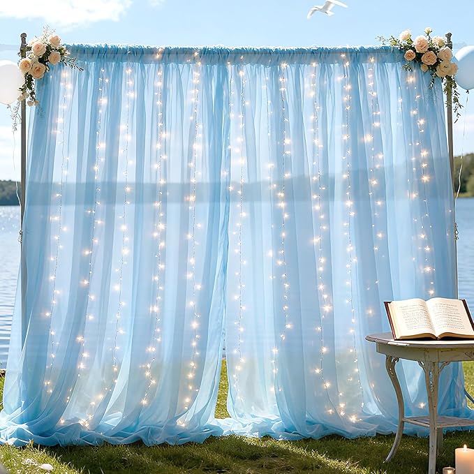10×10ft Tulle Backdrop Curtains with Lights String - 300LED Fairy Lights Sheer Curtain Backdrop for Weddings Baby Shower and Birthday Party Decorations(8 Panels 5×10ft)