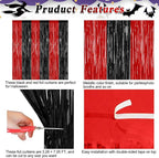 4 Pack Halloween Wall Backdrop, 3.28 FT x 7.05 FT Red and Black Party Streamer, Metallic Tinsel Curtains Fringe Backdrop Foil Streamer, Halloween Hanging Decor Casino Theme Party Decorations