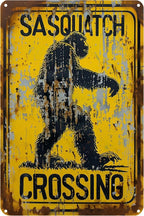Retro Funny Metal Tin Sign - "Sasquatch Crossing" Outdoor Wall Décor, Vintage Sign for Home, Garden, Garage, or Cabin Decoration, 8 x 12 Inches