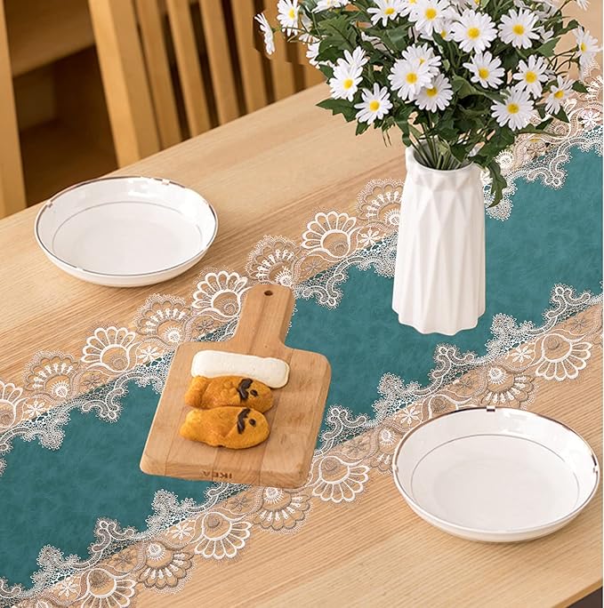 Vintage Lace Dining Table Runner, Small Macrame Coffee Table Runners 48 inches Long for Kitchen Home Christmas Party Decorations (16x48 inch, Cyan)