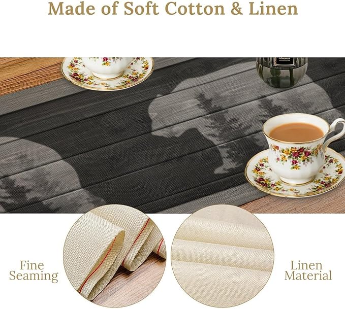 Rustic Country Bear Table Runner, Black Wood Wooden Cabin Wild Animals Hunting Table Cloth for Home Kitchen Dining Table Runner 13x90 Inch