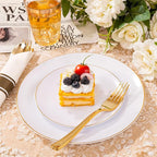 KIRE 350 PCS White and Gold Plates Disposable - Elegant Dinnerware Set of 50 Guest, White Plastic Plates With Gold Rim, Pre Rolled Napkins with Silverware & Cups for Thanksgiving Party/Wedding