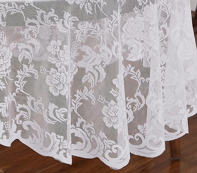 LinenZone White Oval Tablecloth for Rustic Vintage Decor. Sheer Lace Tablecloth Works Great As Wedding Tablecloth, Thanksgiving Tablecloth or Christmas Tablecloth (Mia Oval 104, White)