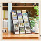 6 Tier Greeting Card Display Stand Black Bamboo and Acrylic Sticker Display Stand Trading Card Holder Retail Photos Shelf for Vendors Craft Collection & Show