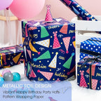 Yarcony Boys Birthday Wrapping Paper Roll - 17 Inch X 33 Feet - Reversible Metallic Foil Navy Blue Men Boy Gift Wrap Paper Blue Wrapping Paper for Birthday, Party, Baby Shower, Holiday, Father's Day