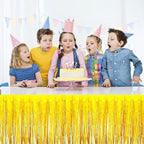 4 Pack Metallic Foil Fringe Tinsel Table Skirts,29x108 Inch Party Disposable Table Skirt Banner for Hotel Banquet Parade Floats Mardi Gras Holiday Birthday Wedding New Year Party Decoration(Gold)