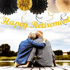 Black Gold Women-Men Happy-Retirement Party-Decorations - 21pcs Celebration Banner,Paper Streamers Lanterns Honeycomb,Tissue Flowers Pom Poms Fan, Classroom Backdrop Supplies Garland Decor Huglony
