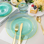 Rubtlamp 175 Pcs Green Plastic Plates Dinnerware Set (25 Guests), Hammered Plates Sets, Green Plastic Party Plates Set include 50 Disposable Plates Set, 75 Gold Plastic Silverware, 25 Cups 25 Napkins