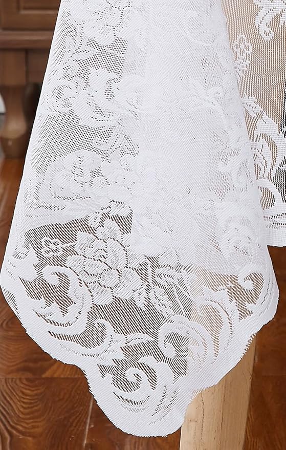 LinenZone White Rectangle Tablecloth for Rustic Vintage Decor. Sheer Lace Works Great As Wedding, Thanksgiving, or Christmas Tablecloth (Mia TC 60 x 144, White)