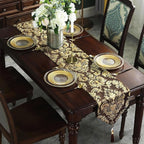 Sophisticated Jacquard Dark Brown Chenille Table Runner with Bling Gold Embroidered 13x84 inches