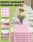 Pureegg Gingham Plastic Table Runners - 10 Pack, 14'' x 108'', Water Resistant & Disposable Plaid Centerpiece Decorations for Table Cloth, Birthday, Holiday, Party, Pink and White Checkered Home Decor