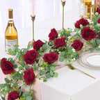 Dolicer 2Pcs 13Ft Artificial Eucalyptus Garlands with Flowers - 8 Roses, Faux Floral Greenery Garlands Fake Flowers Vines for Wedding Table Centerpieces Arch Party Ceremony Backdrop Decor (Red)