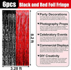 6 Pack Black Red Foil Fringe Curtain Backdrop, 3.28Ft x 8.2Ft Metallic Tinsel Foil Fringe Streamer Curtains for Photo Booth, Birthday, Wedding, New Year Party Decorations